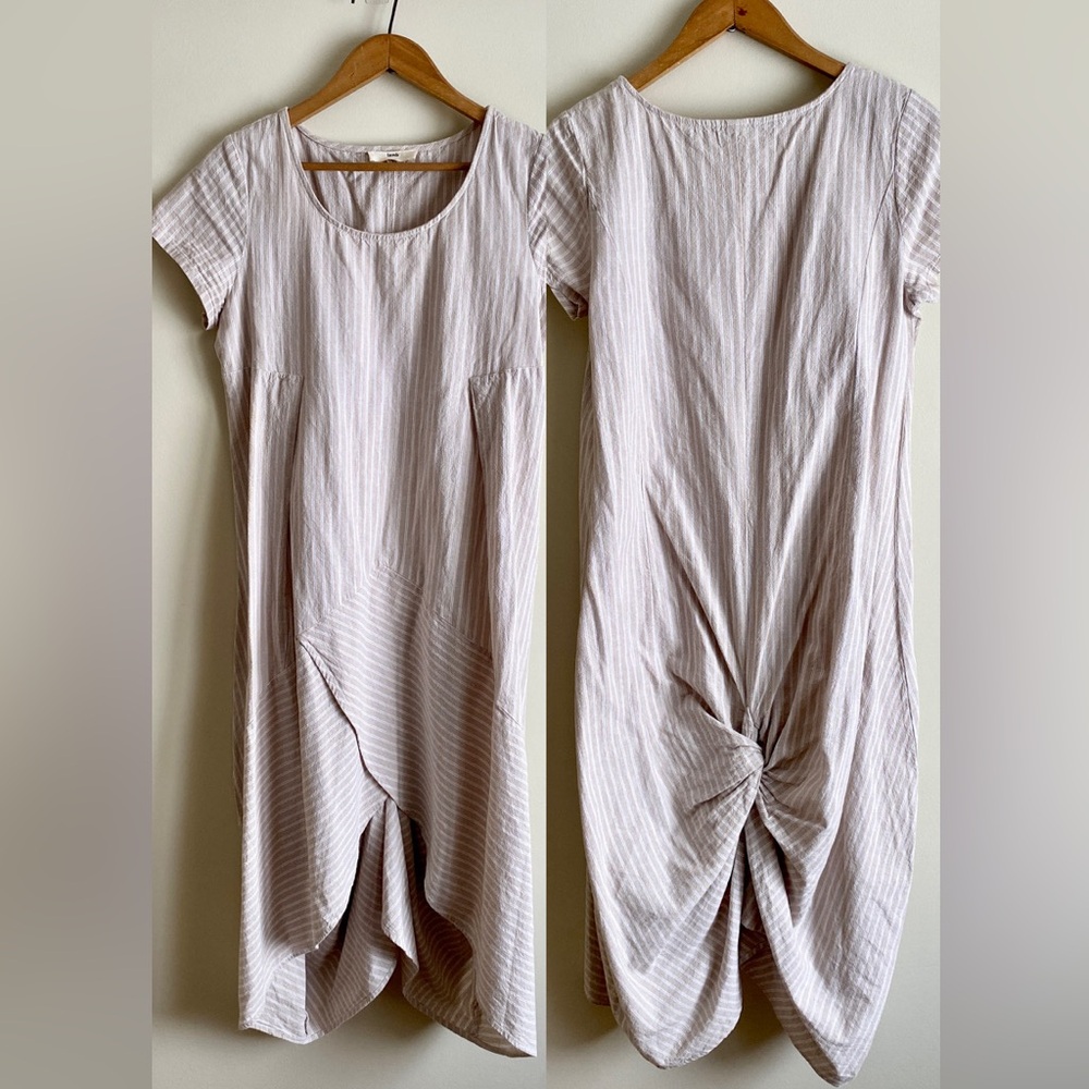 Lamb Linen Lagenlook Stripe Midi Asymmetrical Hemline Dress